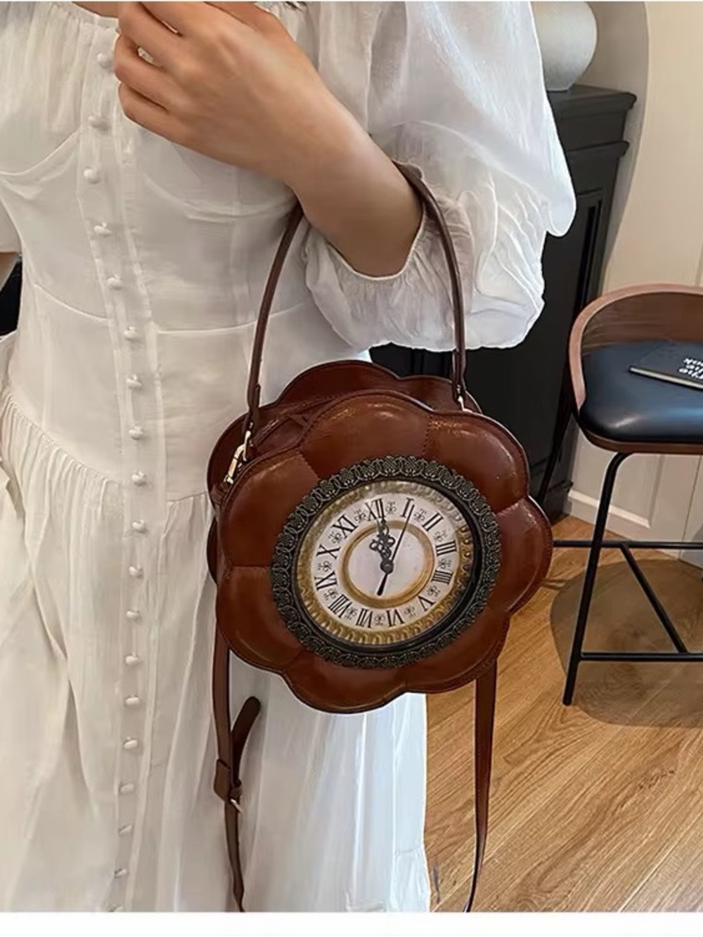 Brown Floral Clock-Detail Leather Handbag